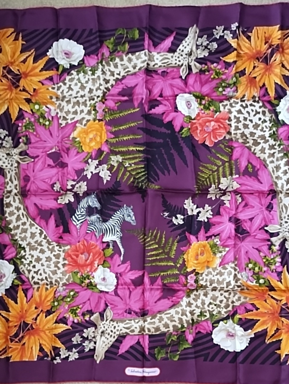 VTG Salvator Ferragamo Silk Scarf Animal Garden Purple Jungle Safari Like New